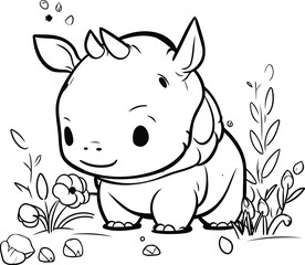 Cute cartoon rhinoceros with flowers. Vector illustration.