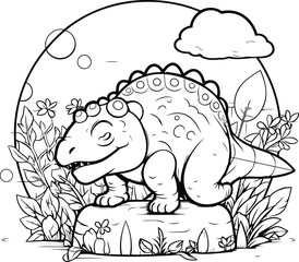 Cute cartoon dinosaur in the garden. Vector illustration for coloring book.