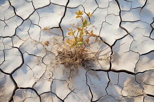 Un sol sec et fissuré montrant quelques plantes dans le terre
