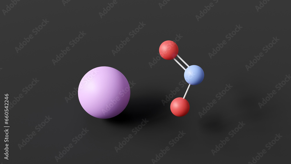 Sticker potassium nitrite molecule, molecular structure, preservatives e249, ball and stick 3d model, structural chemical formula with colored atoms