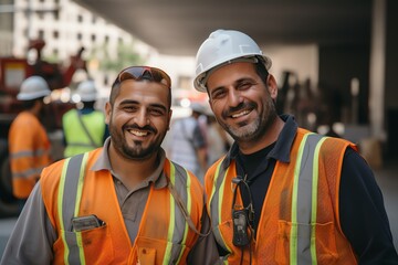 Portrait of smiling industrial engineers in hardhats