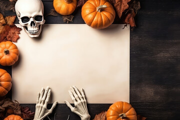 Skeleton hand on empty blank with Halloween pumpkins and autumn leaves and skull.