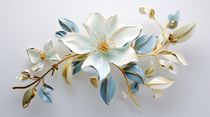 Fototapeta na wymiar a white flower with blue leaves on a white background. Gouache Painting of a Olive color flower, Perfect for Wall Art.