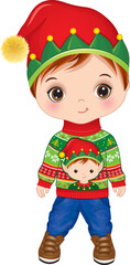 Vector Cute Little Boy Wearing Elf Hat and Christmas Sweater