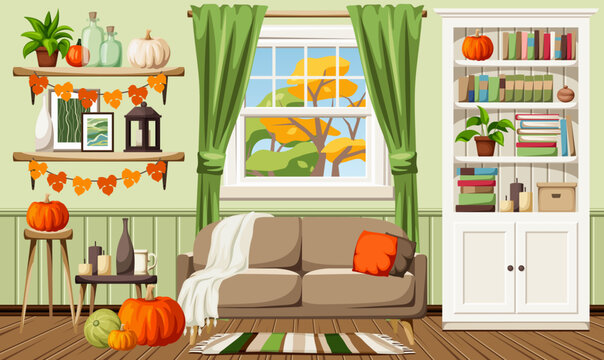 Autumn living room interior. Living room interior design with autumn decorations. Living room with a sofa, a bookcase, pumpkins, and autumn garlands. Cartoon vector illustration