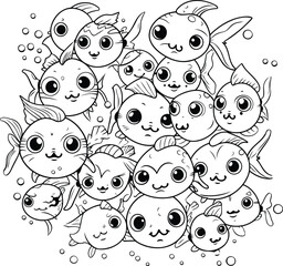 Funny cartoon fish. Black and white vector illustration for coloring book.