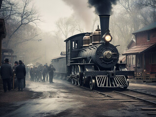 An old-fashioned steam engine sits in a charming American village, bringing back a sense of nostalgia.