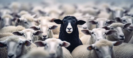 Fotobehang A black sheep among a flock of white sheep, raising head as a leader - Concept of standing out from the crowd, of being different and unique with its own identity and special skills among the others © mozZz