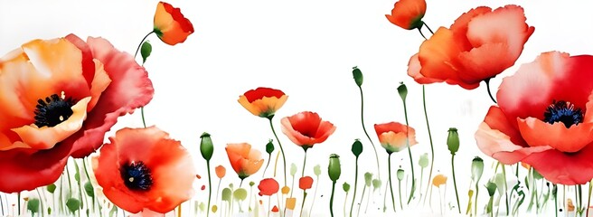 Red poppy background, floral border for banner, card, cover. Generative AI - obrazy, fototapety, plakaty