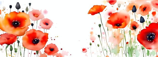 Red poppy background, watercolor floral art for banner, card, cover. Generative AI - obrazy, fototapety, plakaty