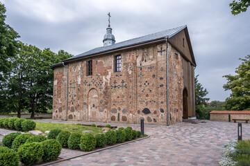 aerial view over church in countryside