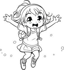 Coloring Page Outline of a Cute Little Girl Jumping