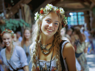 Enchanting blonde woman at Nordic midsummer festival with floral crown and tank top.