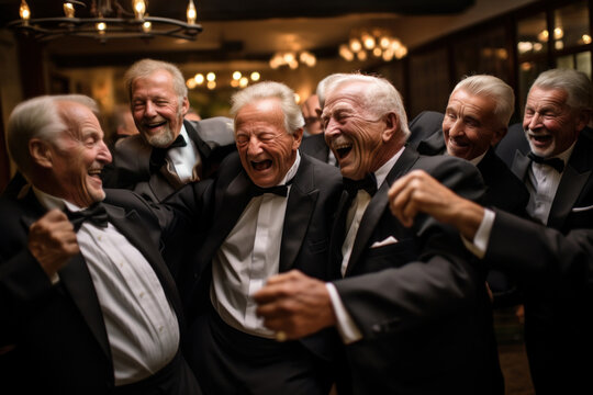 Happy rich senior men dressed in tuxedo enjoying and hugging at billionaire party. Elderly people in evening dress enjoying life, embodying success and wealth
