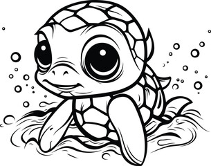 Cute cartoon turtle swimming in the sea. Vector illustration isolated on white background.