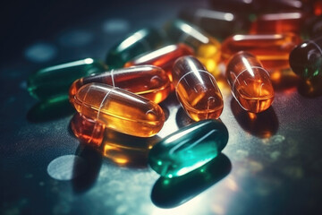 Pile of colorful medical pills on abstract background. Different types of antibiotic tablets or vitamins, close up - obrazy, fototapety, plakaty