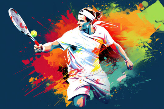Professional tennis player holding racket, color drawing. Tennis game banner. Active sport sticker