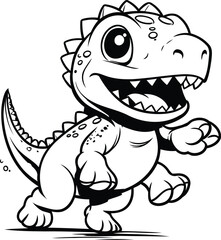 Cute Dinosaur Running   Black and White Cartoon Illustration. Vector