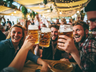 A lively scene at Oktoberfest in Munich, with people enjoying beer at a table full of mugs.