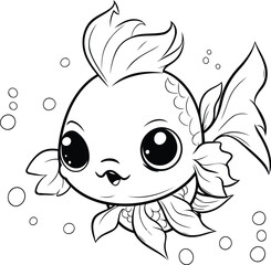 Cute cartoon goldfish. Black and white vector illustration for coloring book.