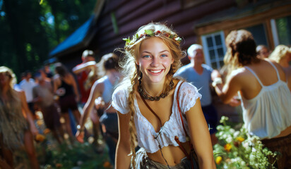 Enthralling blonde woman joyously dancing around a maypole in summer festival attire.