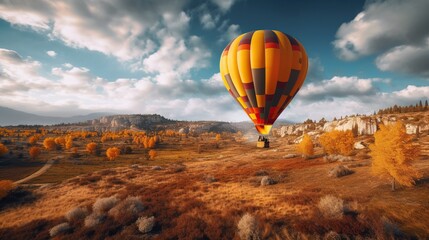 Colorful hot air balloons flying over the mountain during a misty morning sunrise