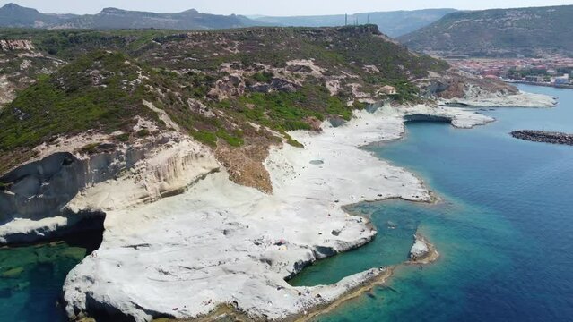 Aerial images over the lunar-like beach, Cane Malu in Bosa, on the island of Sardinia in Italy