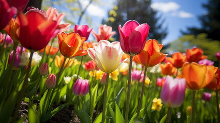 A field of colorful tulips with trees in the background,  Generative AI