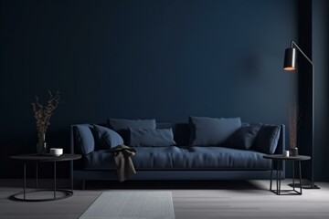 A comfortable and contemporary living room with a sofa against a blank, dark blue wall. A modern 3D design concept. Generative AI
