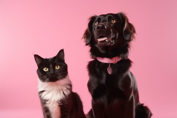 A cat and dog against a pink background. Generative AI