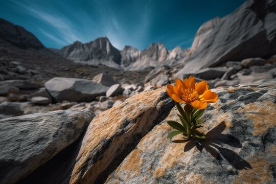 A flower blooms from a rock amidst mountains. Generative AI