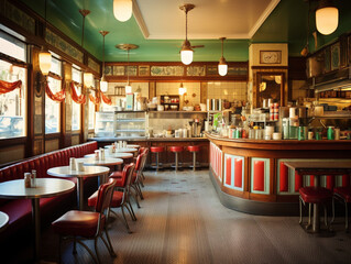 A nostalgic restaurant with vintage decor and a traditional 1950s style ambiance.