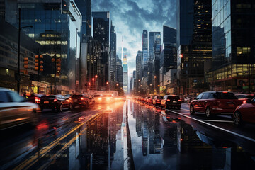 Driving along a bustling urban expressway, the concrete jungle of skyscrapers and billboards flanks a never-ending line of vehicles, creating a mesmerizing perspective of the city' 