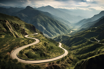 Cruising through a mountain pass on a winding road, a series of switchbacks reveal breathtaking vistas, with each turn providing a fresh, awe-inspiring view of the rugged terrain.  - obrazy, fototapety, plakaty