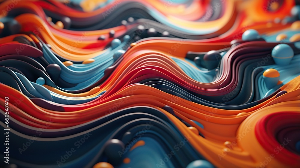 Poster an abstract painting with wavy lines and bubbles in the background. generative ai