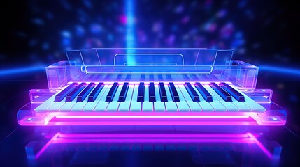 Musical keyboard on illuminated neon light background. AI generated image - obrazy, fototapety, plakaty