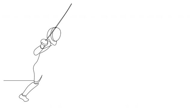 One single line drawing of man fencer athlete in fencing costume exercising motion self drawing animation. Animated sport concept. Continuous line design for combative and fighting sport banner.