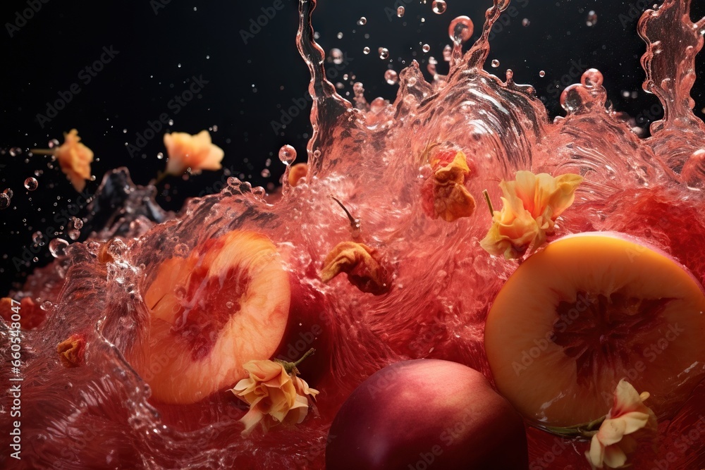 Poster a close up of a fruit with water splashing on it. generative ai