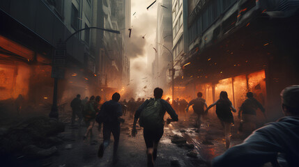 People are running and dodging bombs in the civil war. Civil war concept illustration with people running for their lives, World War 3 concept. - obrazy, fototapety, plakaty