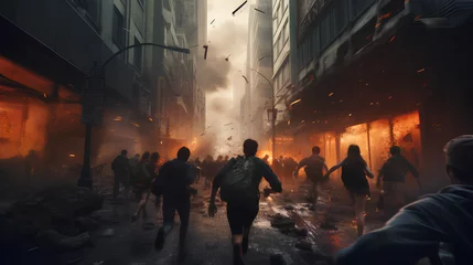 Fotobehang People are running and dodging bombs in the civil war. Civil war concept illustration with people running for their lives, World War 3 concept. © STOCK PHOTO 4 U