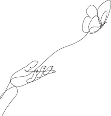 Continuous one line drawing of releasing a butterfly from hand to flight. Butterfly insect drawn by single line. Vector illustration.