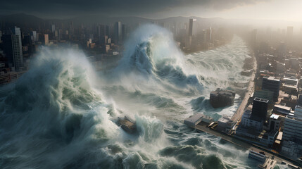 Huge tsunami waves destroy the earth on disaster and climate change concept. - obrazy, fototapety, plakaty