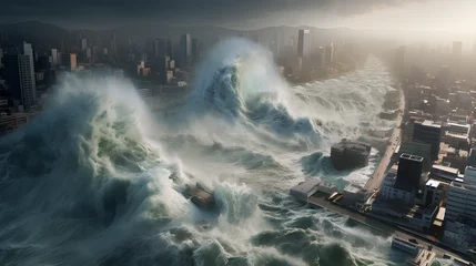 Fotobehang Huge tsunami waves destroy the earth on disaster and climate change concept. © STOCK PHOTO 4 U