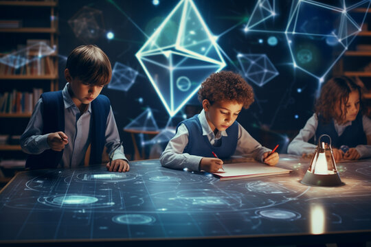 A group of children is learning geometric shapes in a modern classroom.