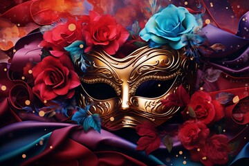 Colorful festival banner adorned with a masquerade mask and beautiful red roses. Generative AI