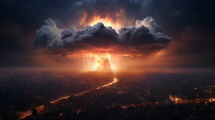 Conceptual image of a nuclear war exploding a city. - obrazy, fototapety, plakaty