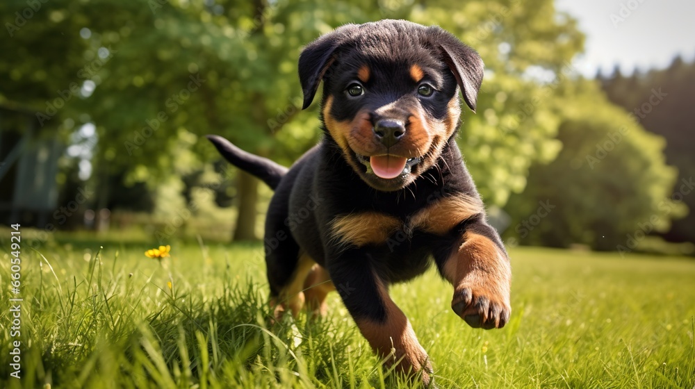 Poster a black and brown puppy running through a field of grass. generative ai