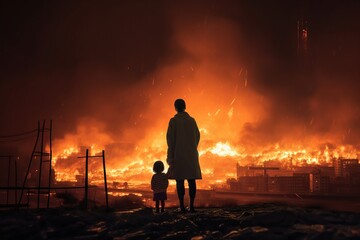 Mother and toddler standing near a burning fire at night
