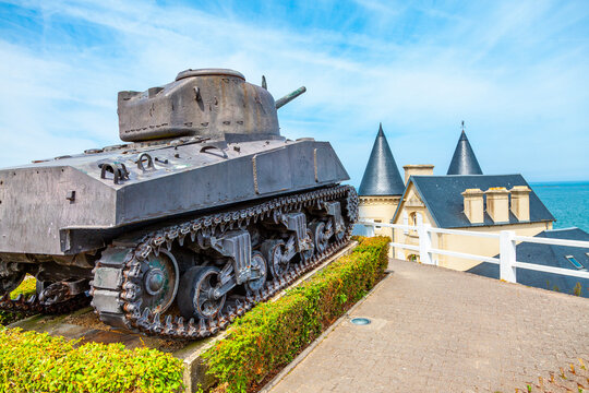 old tank of second world war on the coast of Arromanches in Normandy