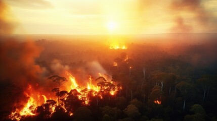 Fototapeta na wymiar Wildfire burns ground in forest, aerial shot